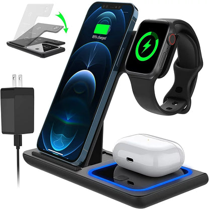 3 in 1 Wireless Charger, 18W Fast Charger Pad Stand Charging Station Dock for iWatch Series SE 8/7/6/5/4/3 Airpods Pro/3/2 for iPhone 15/14/13/12 /11/Pro Max/12 Mini /XR (With QC3.0 Adapter)