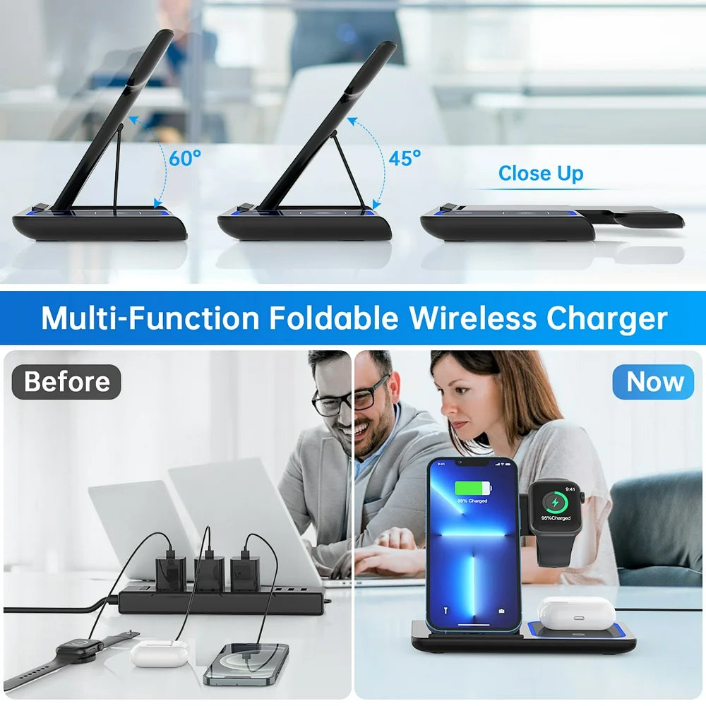 3 in 1 Wireless Charger, 18W Fast Charger Pad Stand Charging Station Dock for iWatch Series SE 8/7/6/5/4/3 Airpods Pro/3/2 for iPhone 15/14/13/12 /11/Pro Max/12 Mini /XR (With QC3.0 Adapter)