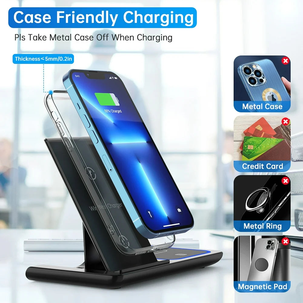 3 in 1 Wireless Charger, 18W Fast Charger Pad Stand Charging Station Dock for iWatch Series SE 8/7/6/5/4/3 Airpods Pro/3/2 for iPhone 15/14/13/12 /11/Pro Max/12 Mini /XR (With QC3.0 Adapter)