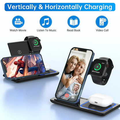 3 in 1 Wireless Charger, 18W Fast Charger Pad Stand Charging Station Dock for iWatch Series SE 8/7/6/5/4/3 Airpods Pro/3/2 for iPhone 15/14/13/12 /11/Pro Max/12 Mini /XR (With QC3.0 Adapter)