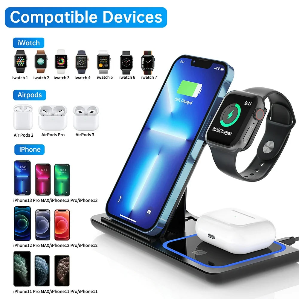 3 in 1 Wireless Charger, 18W Fast Charger Pad Stand Charging Station Dock for iWatch Series SE 8/7/6/5/4/3 Airpods Pro/3/2 for iPhone 15/14/13/12 /11/Pro Max/12 Mini /XR (With QC3.0 Adapter)