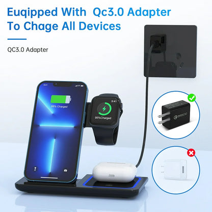 3 in 1 Wireless Charger, 18W Fast Charger Pad Stand Charging Station Dock for iWatch Series SE 8/7/6/5/4/3 Airpods Pro/3/2 for iPhone 15/14/13/12 /11/Pro Max/12 Mini /XR (With QC3.0 Adapter)